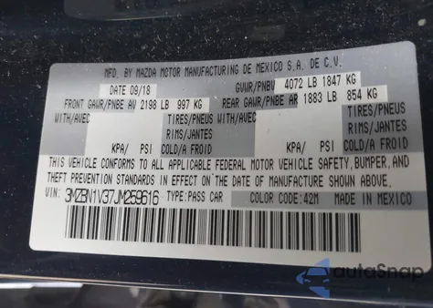 2018 Mazda Mazda3 Touring from USA, damaged, VIN 3MZBN1V37JM259616